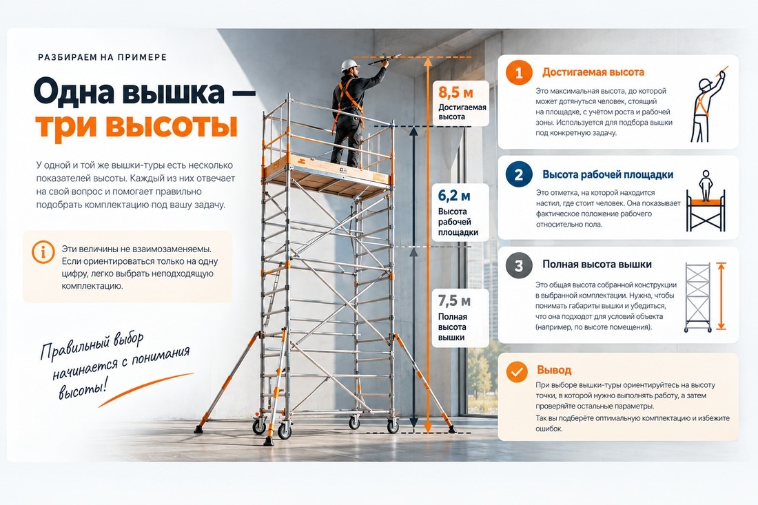 Полная высота, высота рабочей площадки и достигаемая высота вышки-туры