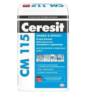Клей CERESIT СМ 115/25 белый, для мозаики и мрамора (25кг) фото